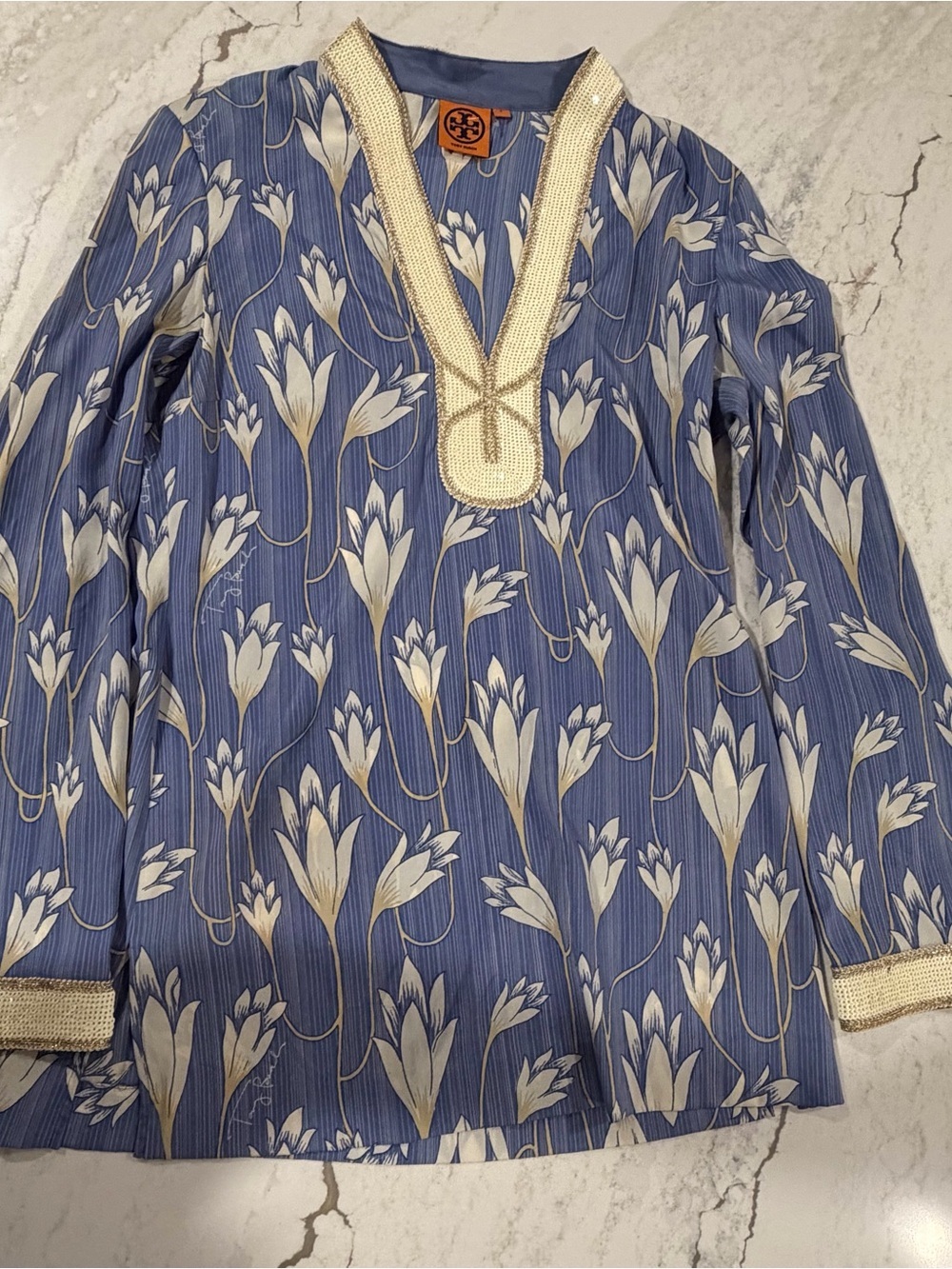 Tory Burch Blue Floral beaded silk tunic